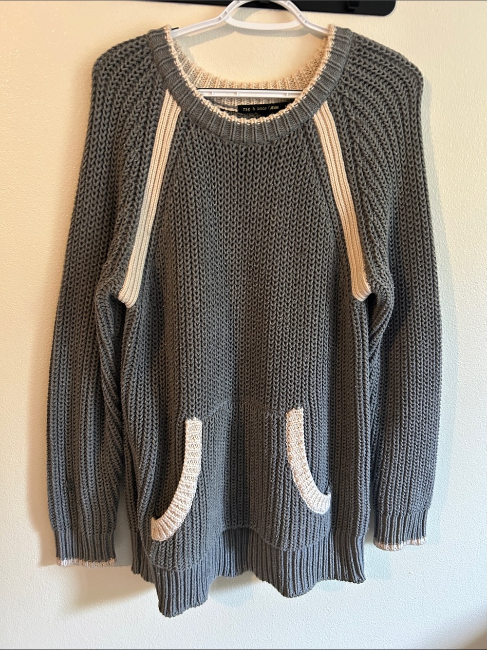 Rag &Bone Woman Jean Gray/Cream Heavy Knit Raglan Sweater Cream Accent Pocket:L